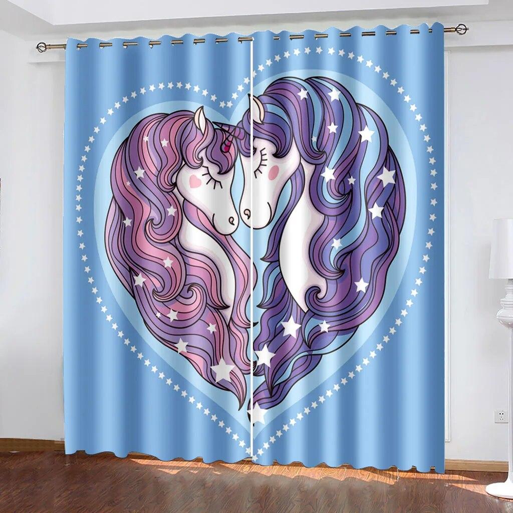 Pink Black Rainbow Unicorn Cartoon Window Thin Shading Curtain Kids Bedroom Living Room Decor Hooks W50xH130(CM)x2PCS-Rod pocket