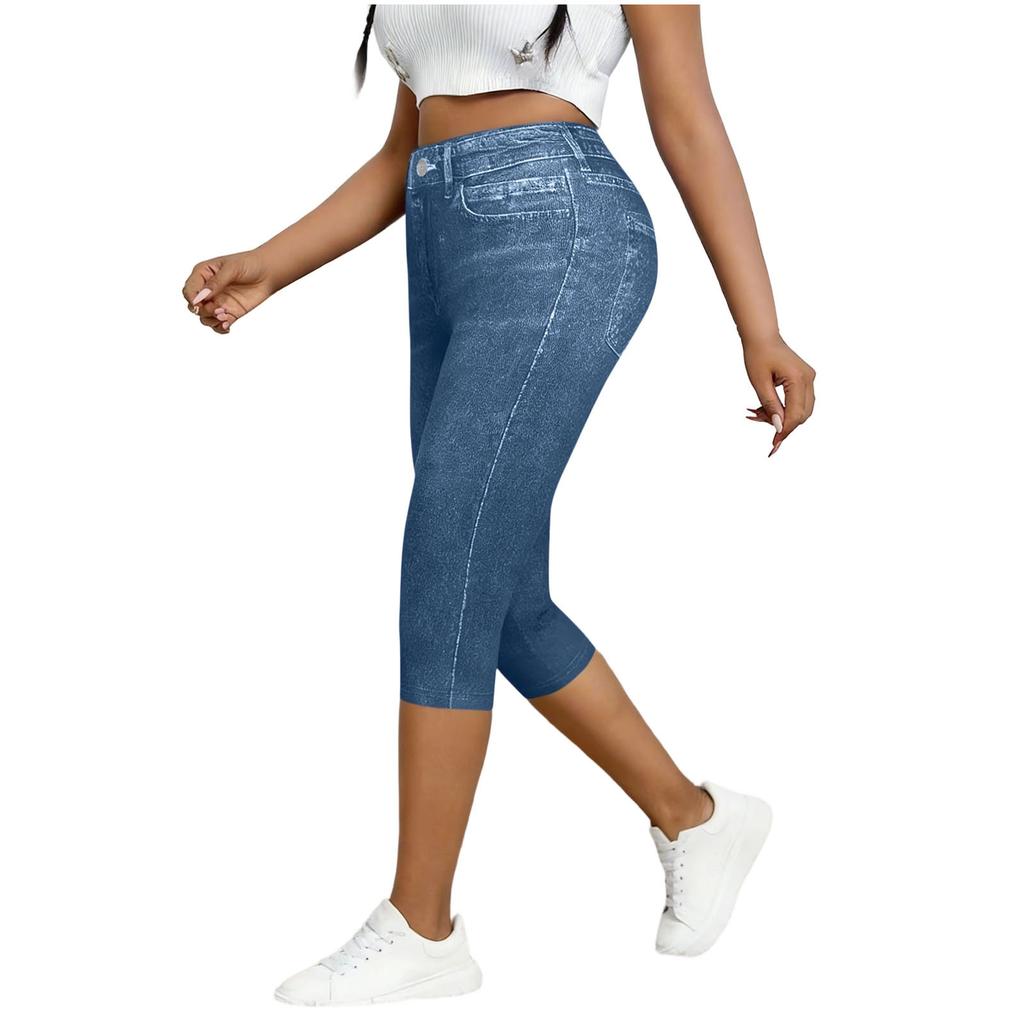 Womens pants high waist stretch capri leggings pants for women with faux denim print slim fit comfort style