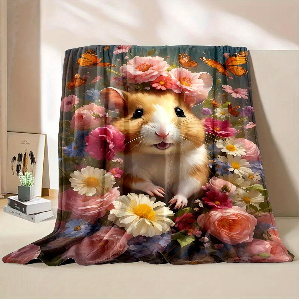 Mixed Color Cartoon Hamster and Floral Pattern Digital Print Flannel Throw Blanket - Non-woven, Polyester, Reversible All-Season