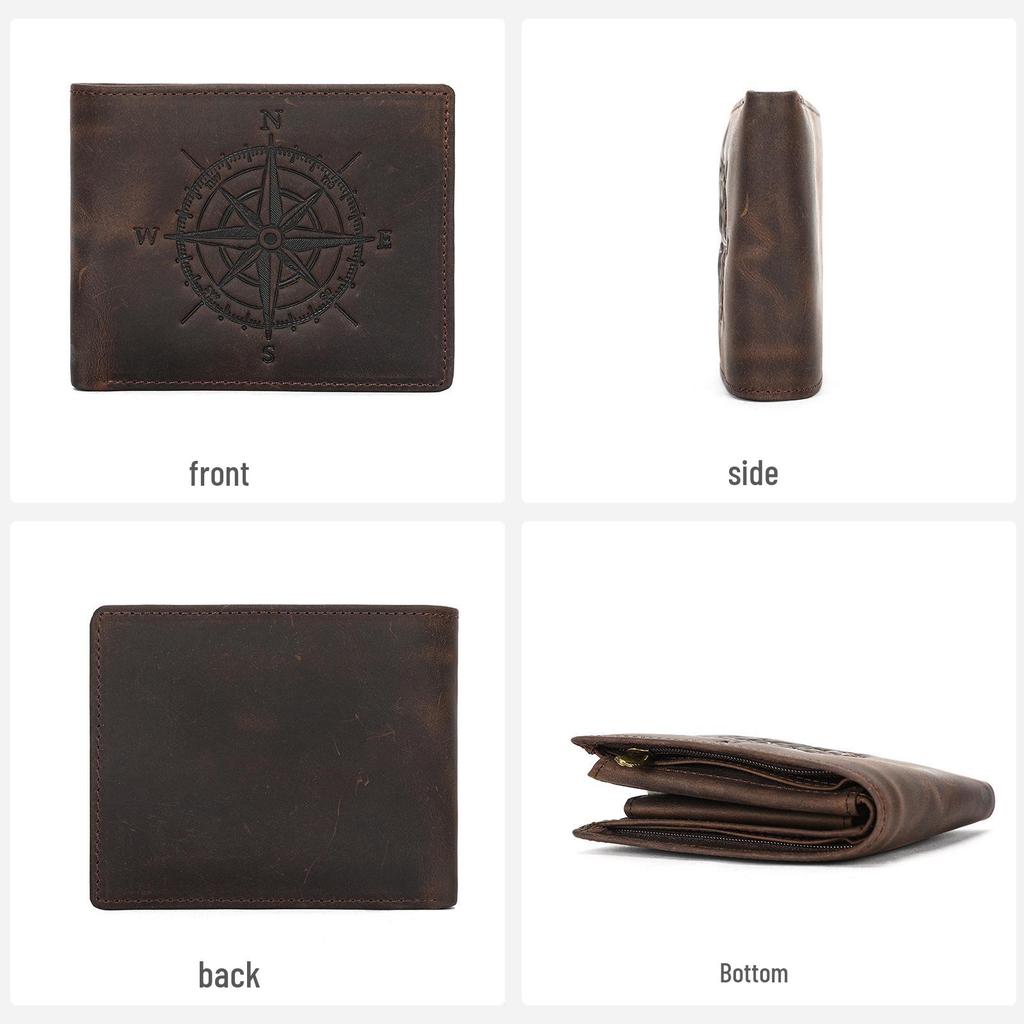 Men's Retro RFID Leather Wallet - Crazy Horse Genuine Leather, Anti-Theft, Embossed Card Holder, US Dollar Large Bill.