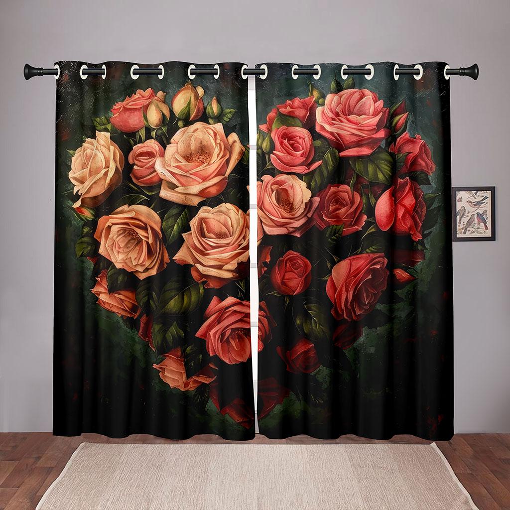 2 Piece Vintage Rose Love Heart Curtains Valentine's Day Red Floral Pattern Living Room Bedroom Kitchen Balcony Decor Curtains