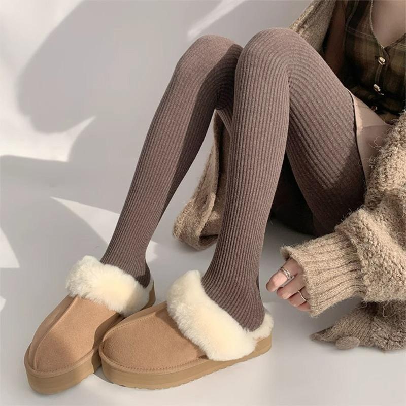 Women Vintage Slim Stockings Solid Color Thicken Ribbed Striped Pantyhose Tights