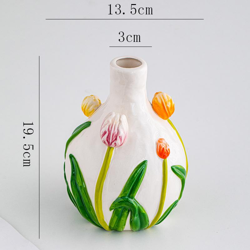 Ceramic Vase Embossed Tulip Colorful Flower Pattern Flower Vase Floral Arrangement Accessories Home Decoration Accessories
