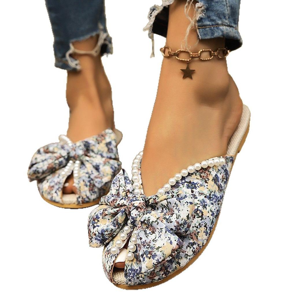 Foreign Trade Korean Version of Summer Floral Pearl Bag Head Flat-bottomed Slippers Women's Bow Large Size Outer Wear Muller Shoes Independent Station