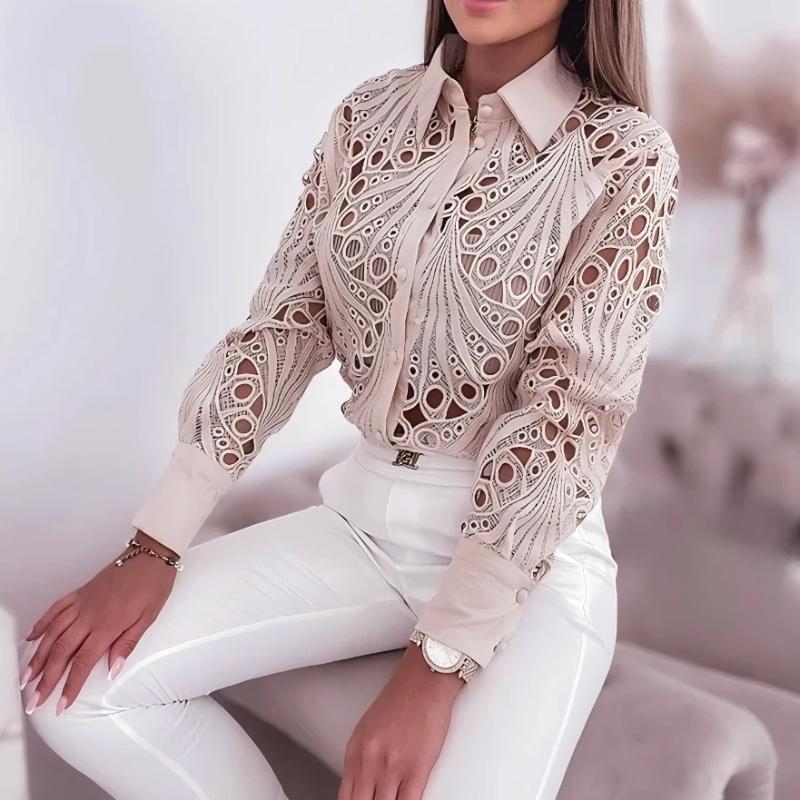 Damenblusen Ausgeschnitten Langarmshirt Lässig Einfarbig Knopfleiste mit Kragen und Offene Vorderseite Camisas Femininas