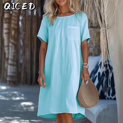 Fashion Summer Spring Solid Color Print Short Sleeve O-Neck Casual Dresses