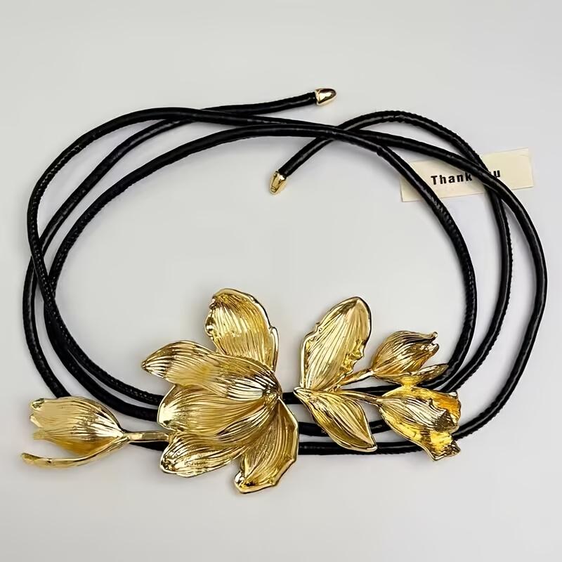 

1PC Exaggerated Gold Tulip Flower Belt with Skirt Pants Decorative Retro Small Fragrant Black Leather Rope Waist Chain золотой