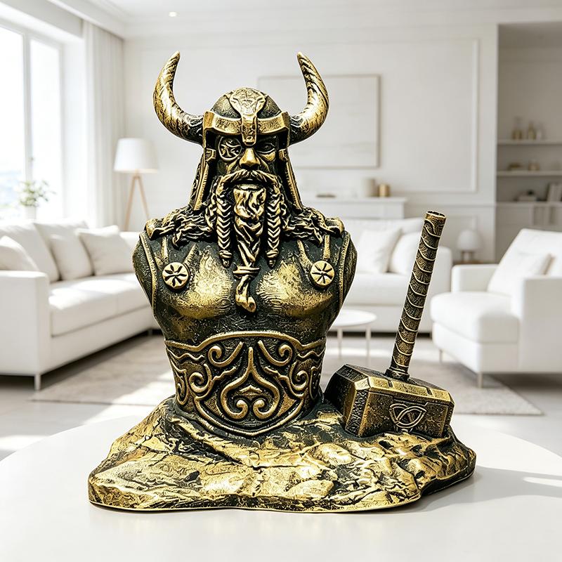 Odin Bust Ornament Resin Retro Bronze Norse Mythology All Father Hammer Statue Handicraft Living Room Study Gift