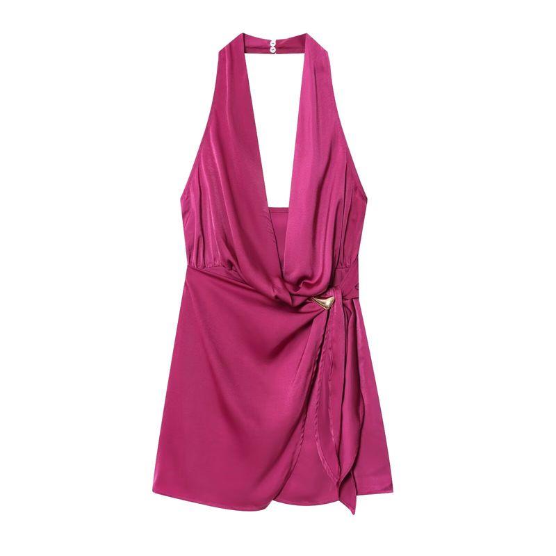 

Araltay New Arrival Fashion Style Women s Clothing Fashion All-Match Gold Inlaid Hanging Collar Mini Dress 389711 Rose Red M