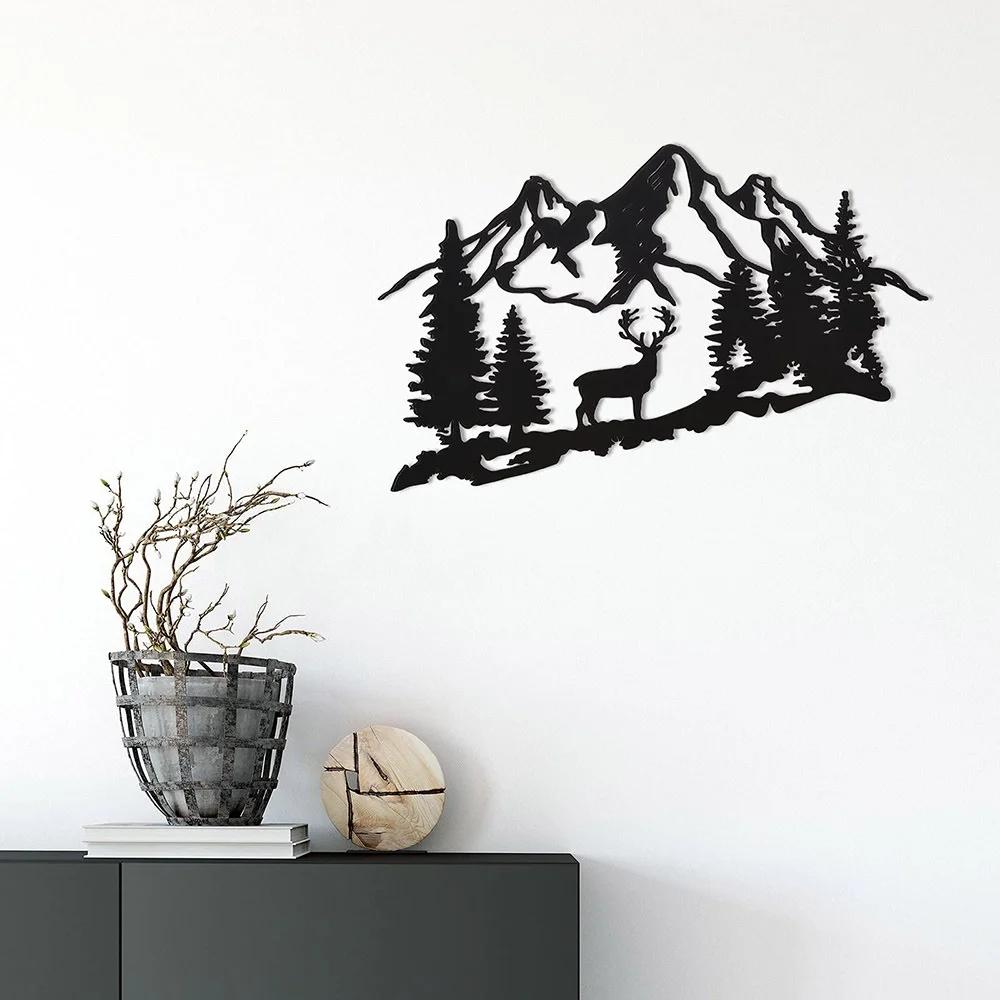 1pc Modern Black Deer & Tree Metal Wall Decor Stunning Animal Mountain Plaque Elegant Iron Art Silhouette for Stylish Home Decor