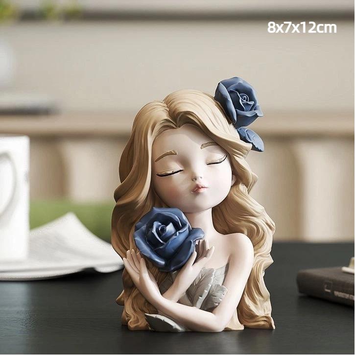 Скандинавская смоляная фигурка девушки, держащей цветы – Настольное украшение Blue B