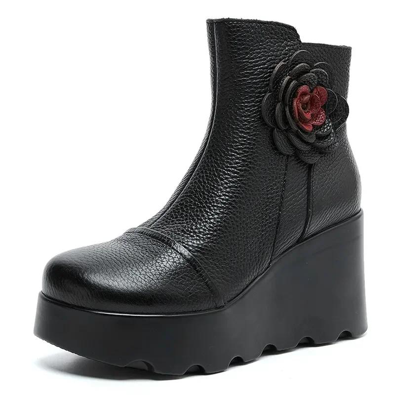 

Top quality 8CM Women Winter Warm Plush Boots National Style Flower Retro Handmade Wedges Height Increasing Platform Ankle Boots 39 чорний