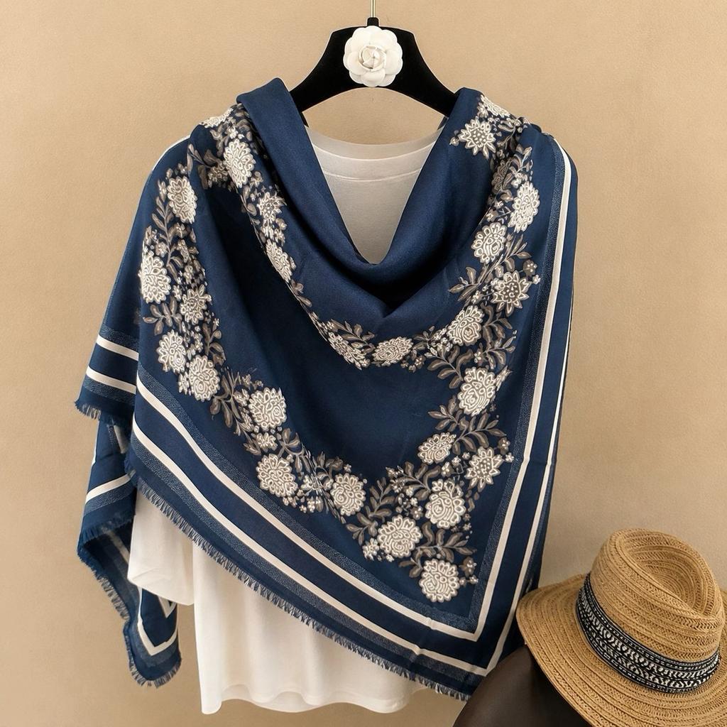 oversized beige flower travel sunscreen sunshade cotton and linen scarf women's silk scarf 111cm large square scarf shawl dual-purpose