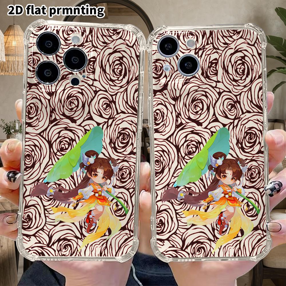 Phone case: 2D flat suitable for iPhone 18 17 16 15 14 13 Pro, transparent four corner protective case, twin tails, Christmas and Halloween gift