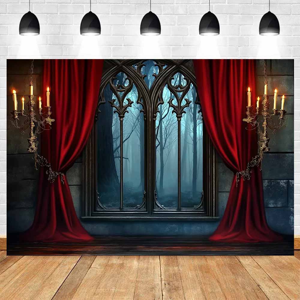 Halloween Vampire Medieval Castle Photography Backdrop Gothic Window Red Curtain Bats Background Haunted House Party Decor