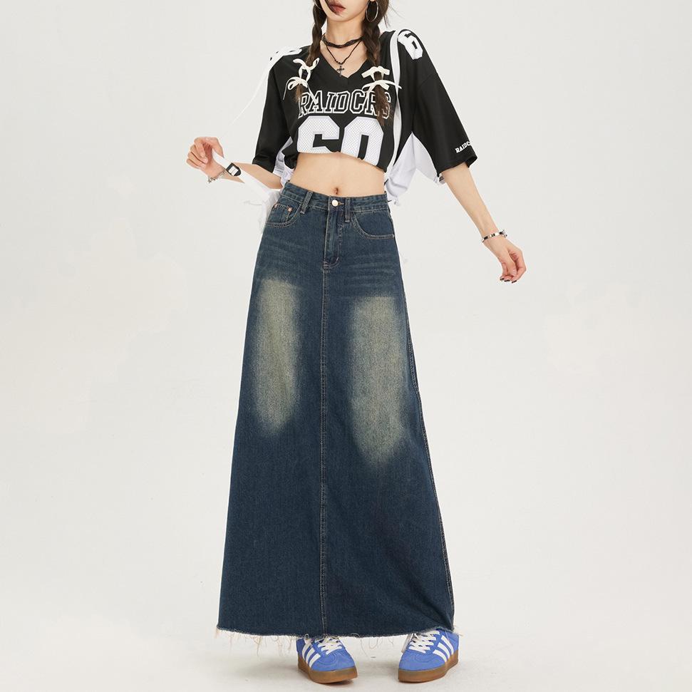 

Chic Versatile Raw-Edge Denim Midi Skirt for Women - Spring/Summer Collection M