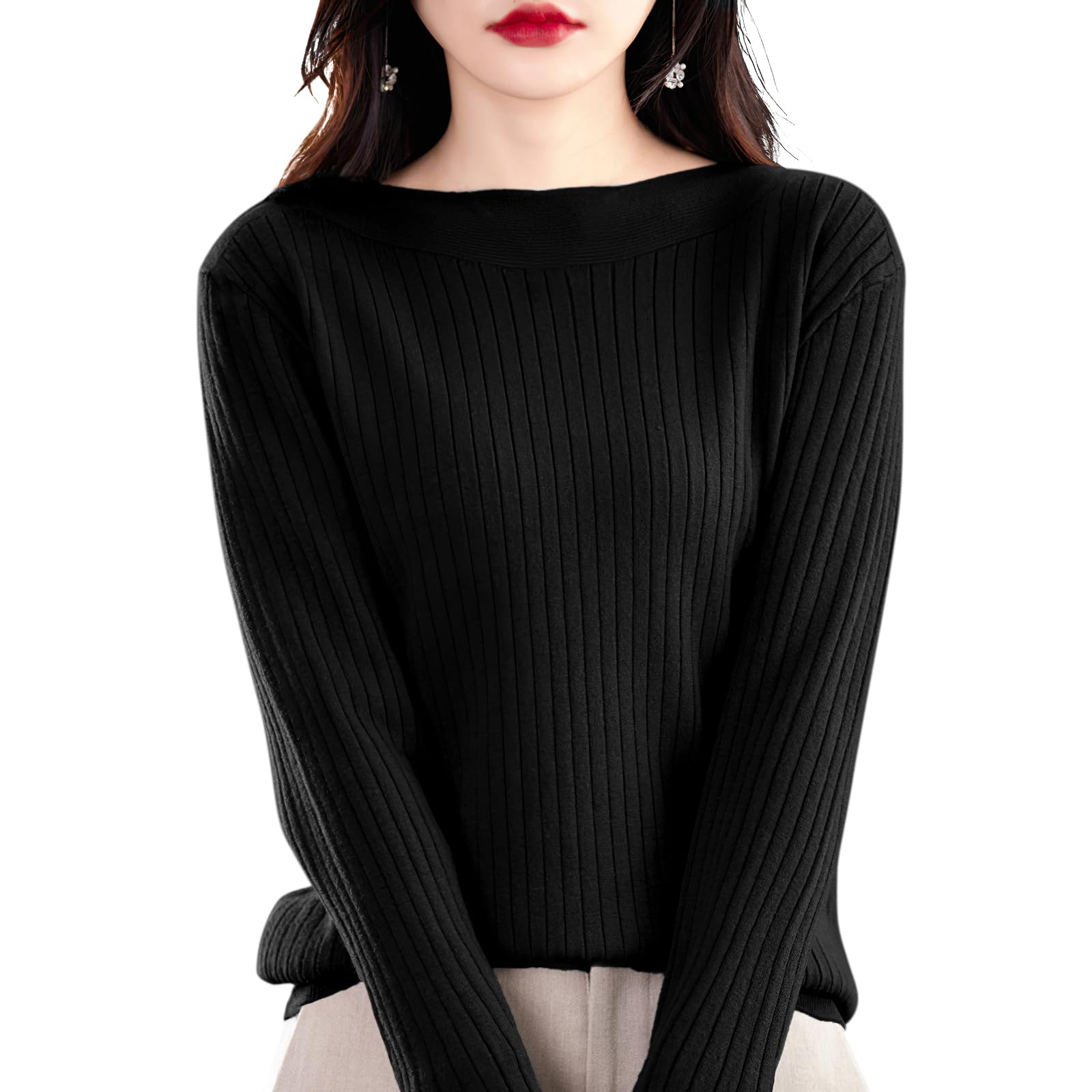 

PALAME Светр з рубчастого трикотажу з довгими рукавами та м яким трикотажем, човник, ідеальний для повсякденного зимового одягу для жінок, [Жіночний, Елегантний, Сексуальний, Дотик] Верх, Шия, чорний