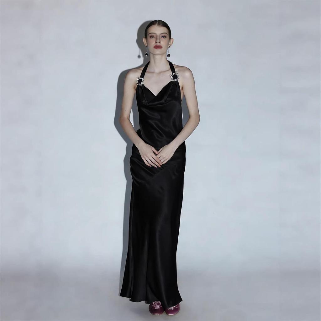 Elegant Acetate Halter Neck Dress with Crystal Buckle