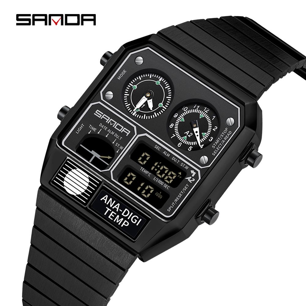 SANDA 3192 Mode Unisex Horloge LED Elektronisch Vierkant Jeugd Casual Multifunctioneel Thermometer Stopwatch Chronograaf Herenhorloge black