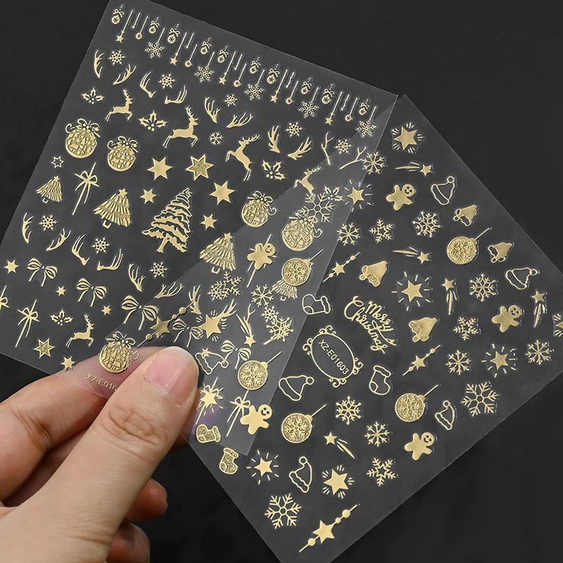 1Sheet Gold 3D Christmas Nail Foil Stickers Sparkling Snowflake Christmas Tree Snow Globe Snowflake Nail Slider Nail Stickers