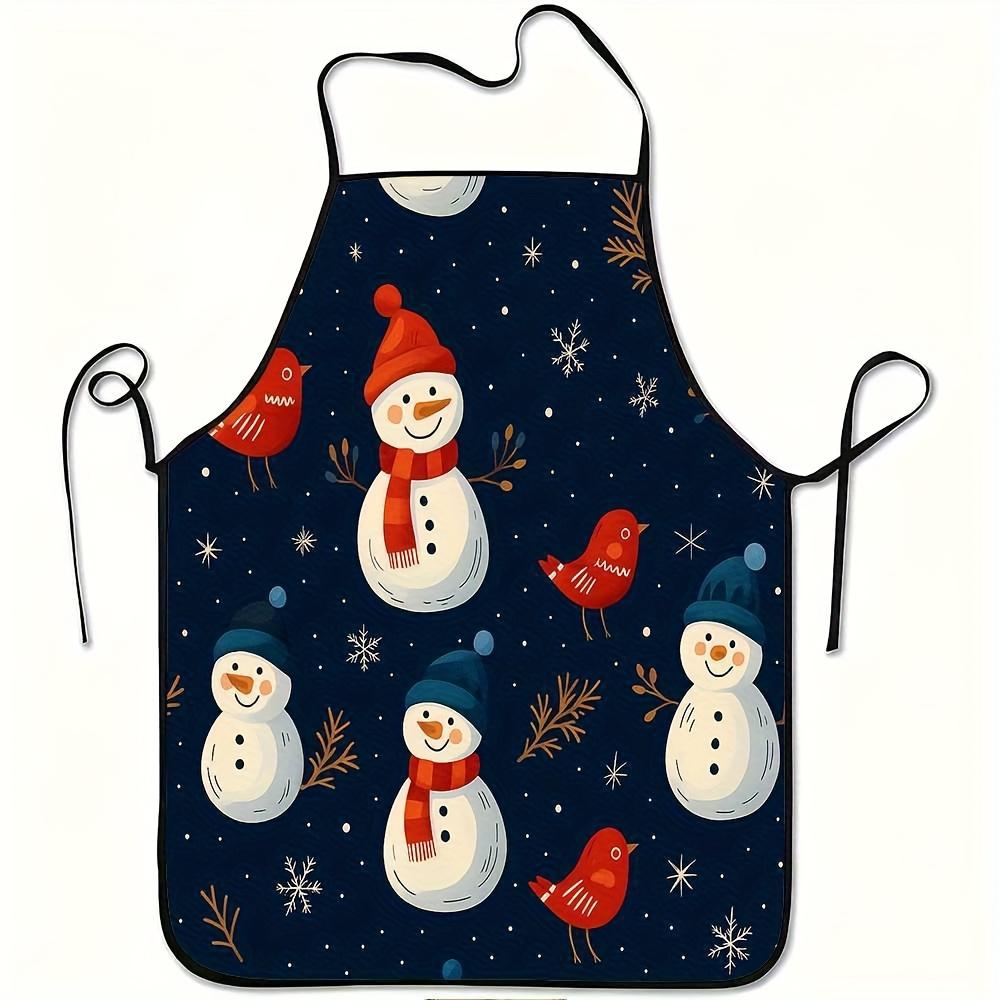 Winter Snowman and Red Bird Print Apron with Adjustable Waistband - Durable, Easy-Clean Polyester Fabric, Suitable for Cooking, Gardening, Christmas H