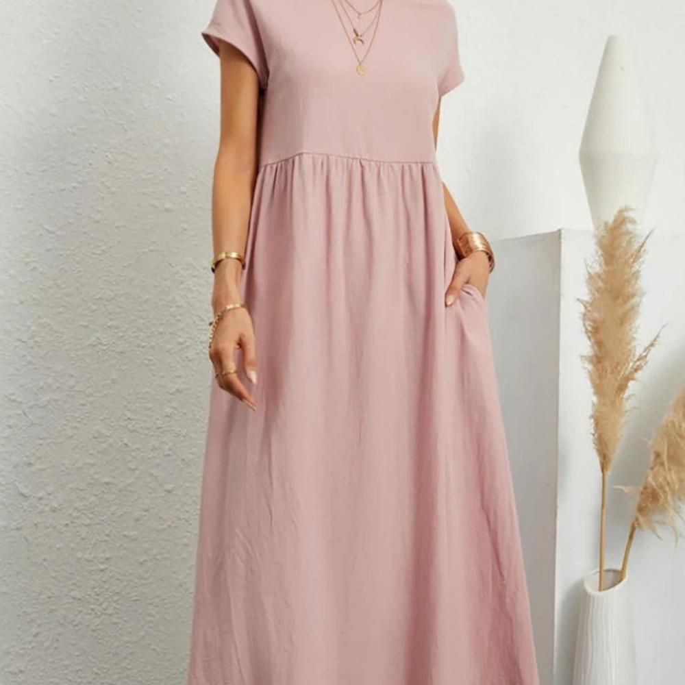 Women Elegant Solid Maxi Dress Summer Short Sleeve O Neck Vintage Harajuku Cotton Linen Loose Sundress Y2K Pockets Long Dress