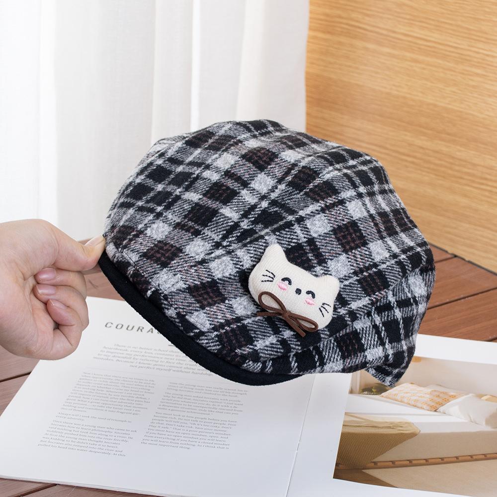 Cartoon plaid woolen octagonal hat female retro fashion versatile atmosphere show face small newsboy beret forward hat