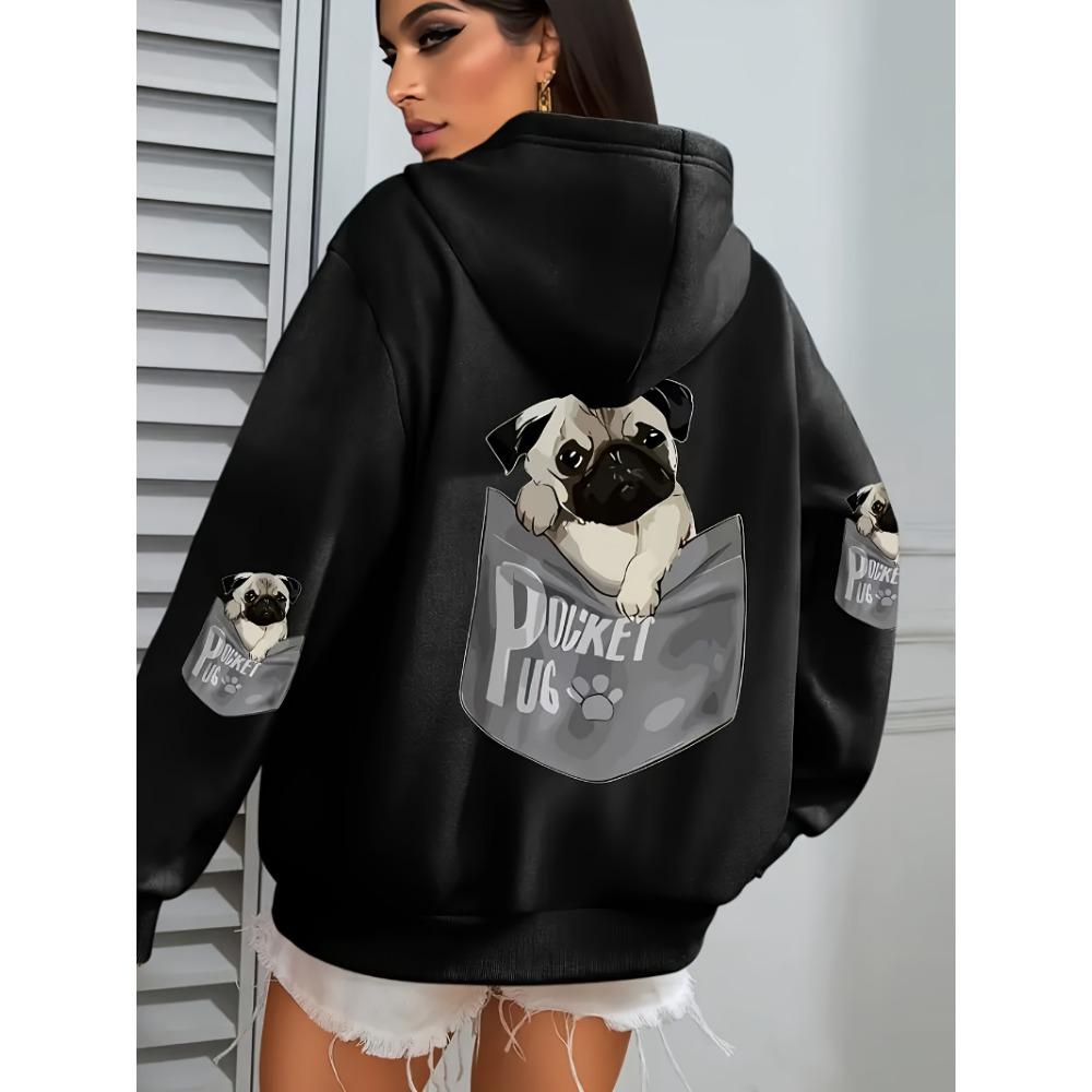 Pocket Pug Hoodies Women Cartoons dog Prints Hooded Loose Pockets Sweatshirts Winter Fleece Warm Tops
