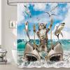 Funny Cat Shower Curtain Cool Cat Riding Shark Seagull On Ocean Sea Blue Waves Kids Creative Design Bathroom Curtain Polyester