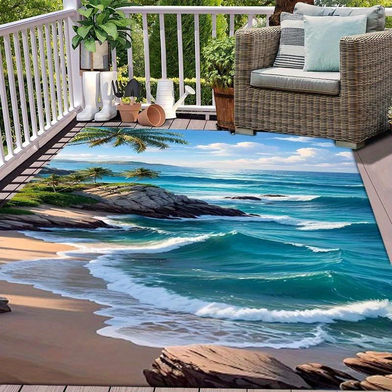 

[1pc Beach Rug] 1pc Non-Slip Beach Print Rug | 800g/sq Crystal Velvet, Washable Polyester, Coastal Landscape Design for Living R 60x90cm