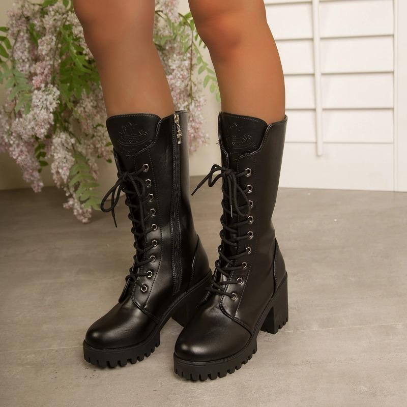 Fashionable And Versatile Riding Boots Mid-Calf Women'S Boots For Autumn And Winter Thick Soles Round Toes And Chunky Heels