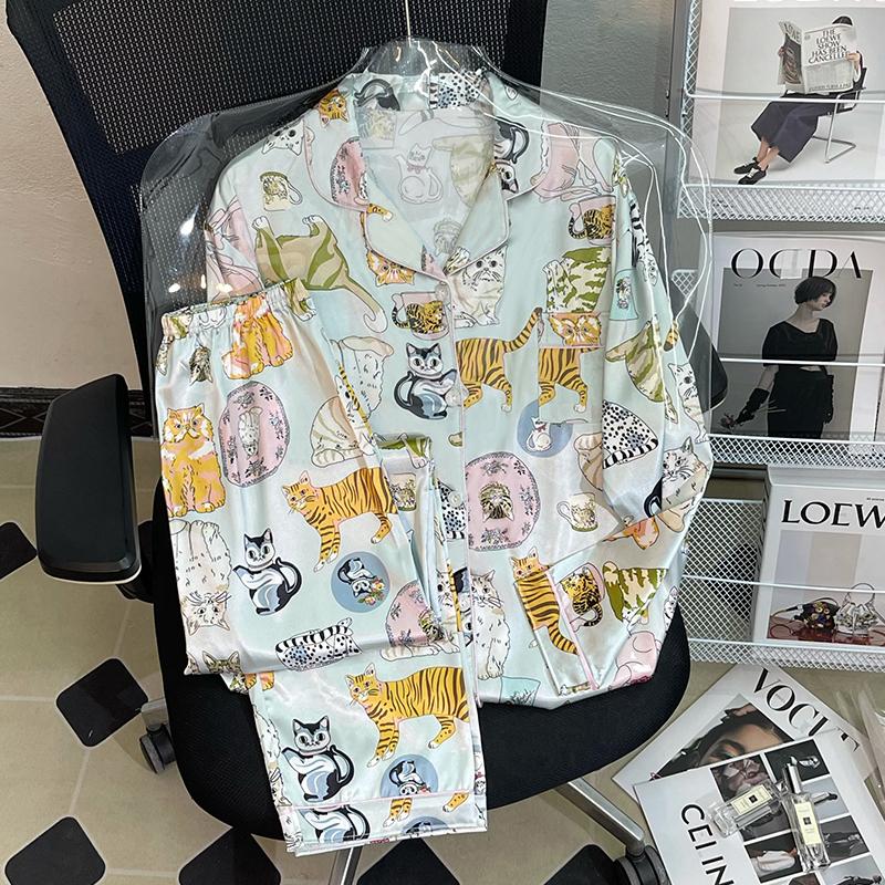 Spotted Leopard Print Pajama Set for Women Idyllic Style Long Sleeve Pant Female Lounge Autumn Winter Cartoon Sleepwear