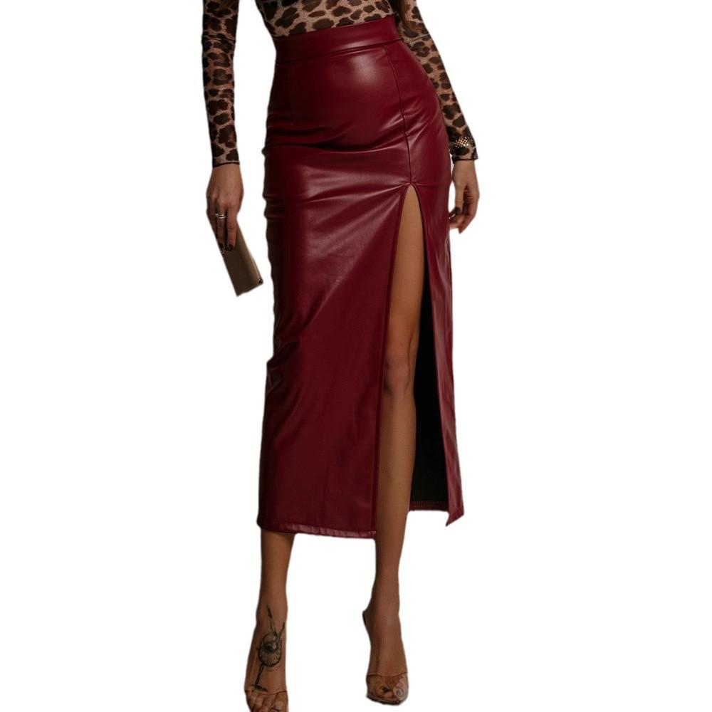 High Waist Leather Slit Midi Skirt - European & American Style, Slimming Bodycon, Solid Color