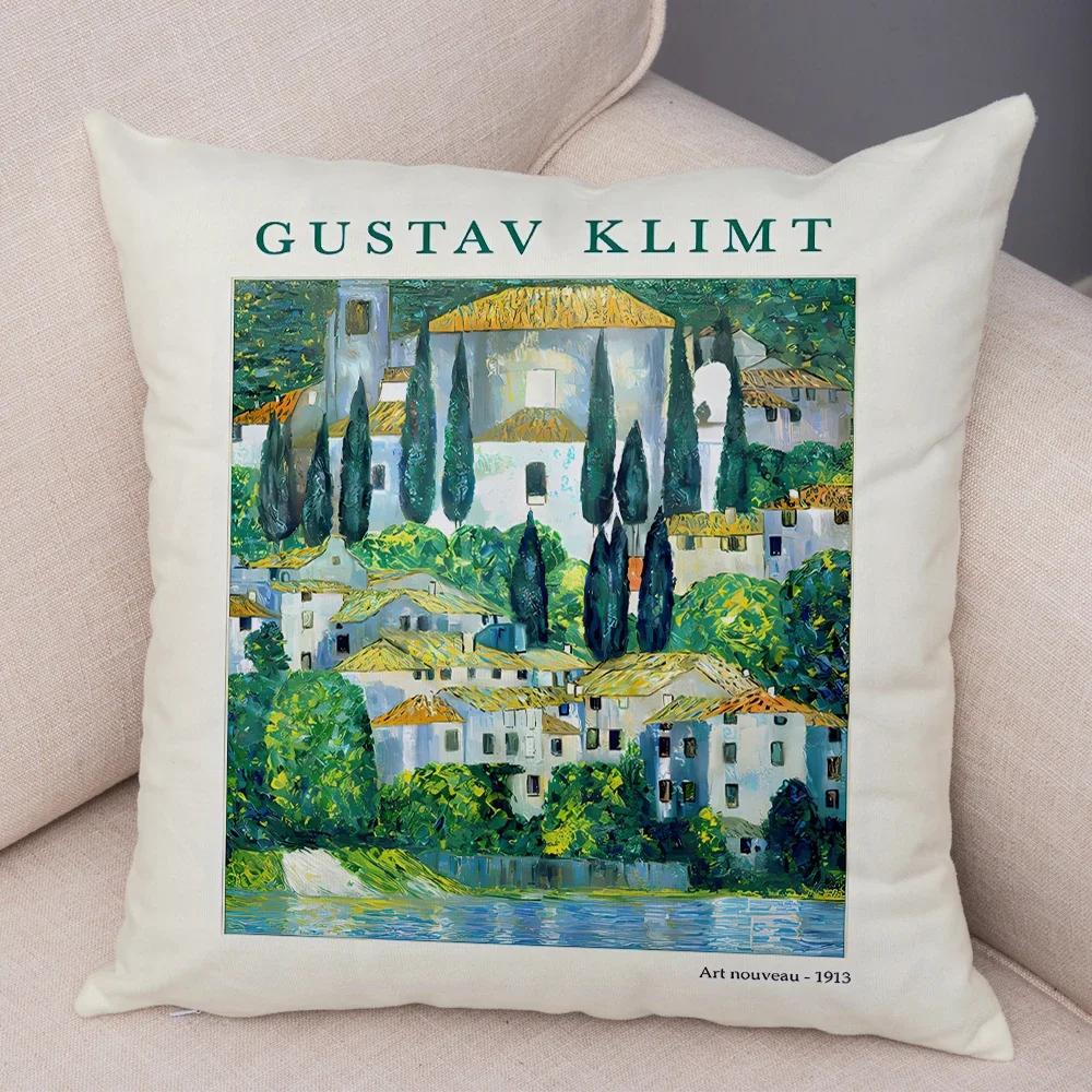 Gustav Klimt Grüner Blumengarten Flora Kissenbezug Beidseitig Dekor Nordischer Druck Kissenbezug Plüsch Kissenbezug für Sofa Zuhause