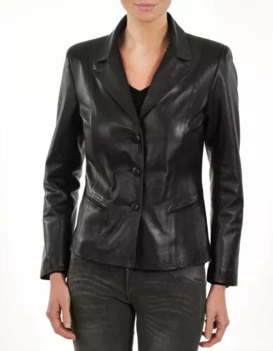 

Women s Blazer Handmade Designer Formal Casual Genuine Lambskin Black Leather 3XL чёрный