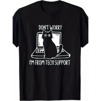Europäische Größen Lustige Tech-Support-Katze auf Computer Grafik T-Shirt - Retro IT Schreibtisch Humor, Lässiges T-Shirt für Herren