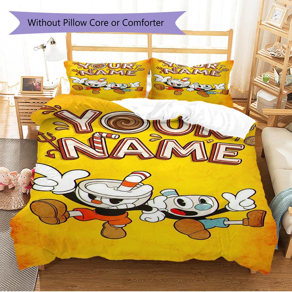 Name Custom Cuphead Game Pattern Bedding Set Quilt Cover Pillowcase Home Decor Gift (1 * duvet cover + 2 * pillowcase, without core)