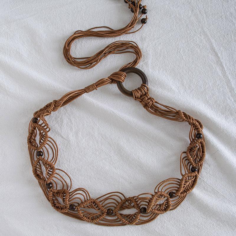 Boho Style Wax Rope Weaving Knotted Ethnic Style Handmade Wooden Beads Women's Belt Leisure Vacation Style Exquisite Waist Rope