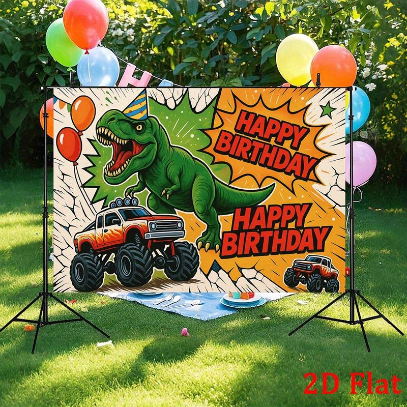 2D plane, "Dinosaur and Monster Truck Birthday Banner" - Dinosaurs and trucks with balloons, durable party backdrop fabric