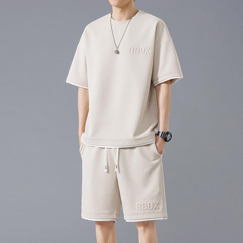 

Летний спортивный костюм большого размера для мужчин, летний тренд в Гонконге, универсальный вафельный красивый костюм из двух частей с короткими рукавами и шортами XL бежевый