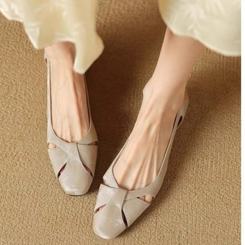New Hollow Breathable Square Toe Slip-On Solid Color Square Heel Temperament Fashionable and Versatile Summer Women's Shoes