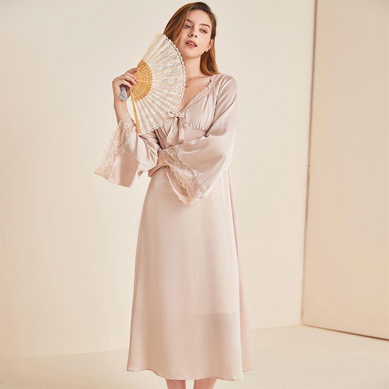 

Beautiful Palace Style Silk Nightdress Lace Satin Nightgown for Women Spring and Summer Thin Sexy Pajamas Home Skirt Dress Lotus root starch XL