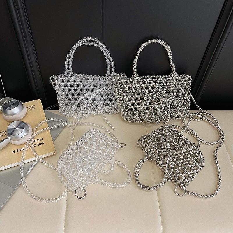 Transparent Bead Handbag With Bow Design And Top Opening For Casual Wear