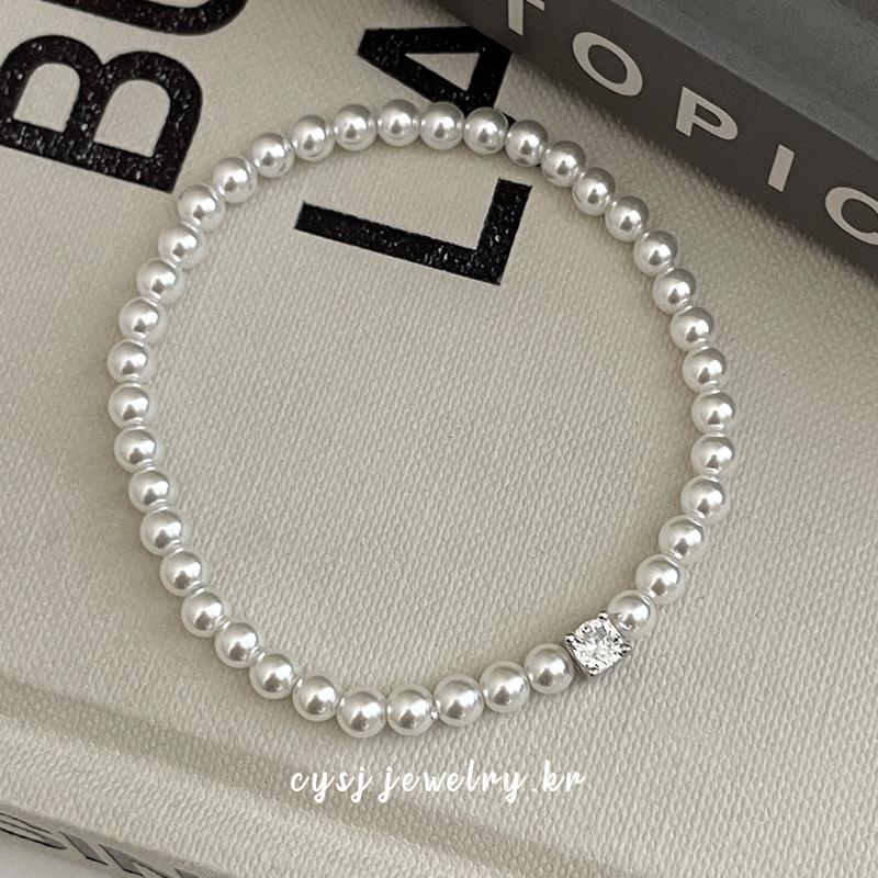 Cui Yan S925 Silver Square Pearl Beaded Bracelet for Women - Korean Style Elastic Cord Jewelry