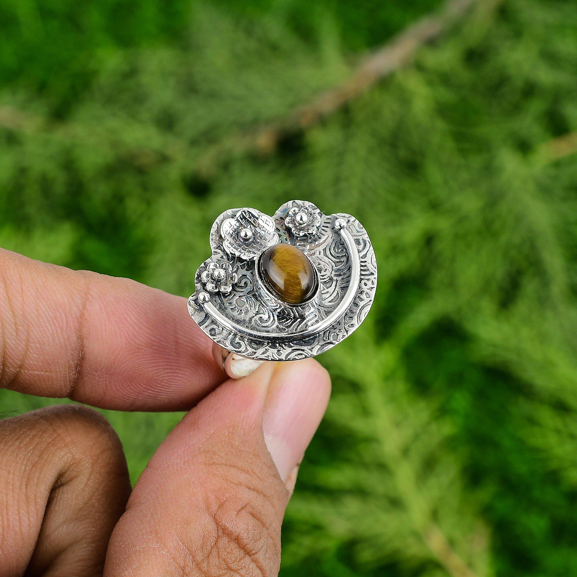 

Easter Sale Sterling Silver Tigers Eye Stone Wife Solitaire Promise Flower Ring Adjustable