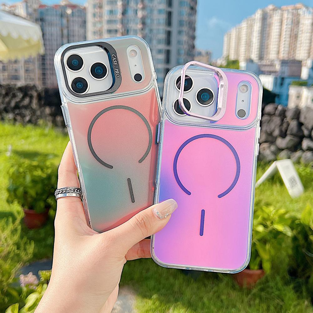 KEYSION Colorful Gradient Magnetic Lens Stand Case for iPhone 17 Pro Max for MagSafe TPU+PC Shockproof Cover for iPhone 17 Pro