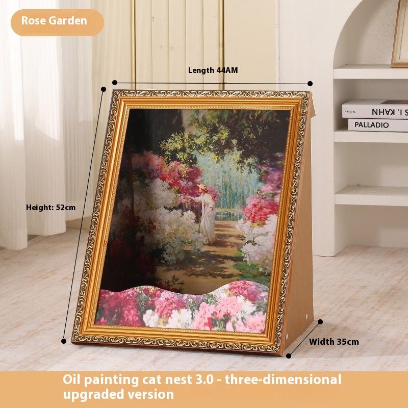 Iris Oil Painting Cat Bed with Replaceable 3D Frame Cat Scratching Board Creative Pet House Scratcher for Cats