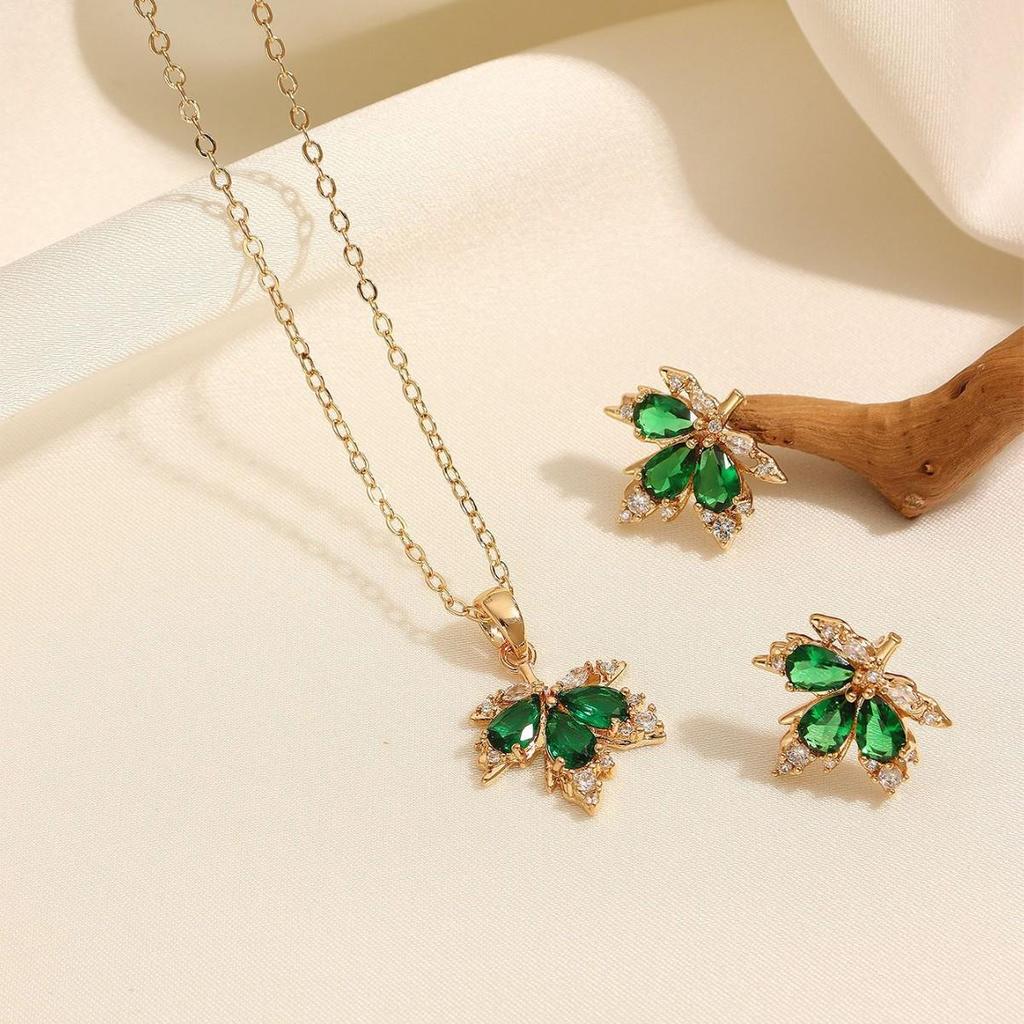 Exquisite Maple Leaf Green Zircon Jewelry Set: Earrings & Necklace for Girlfriend's Birthday or Best Friend Gift