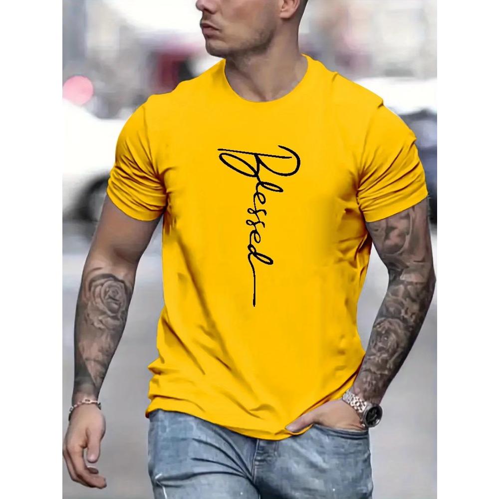 Men's summer loose fit oversized Blessed printed slim fit casual sports round neck short sleeved T-shirt top