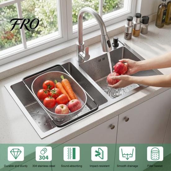 Double Bowl Kitchen Sink Sink, 30.7x16.9 Inch Stainless Steel with Nano Coating, Deep Drop-in/Top-Mount for Modern Kitchen, Includes Drain